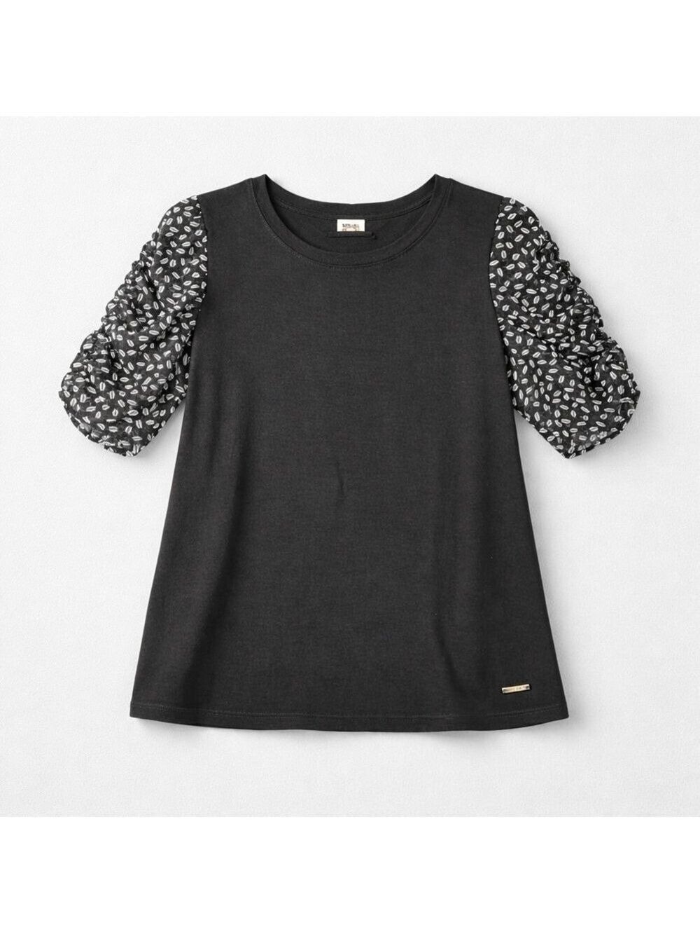 Anne Klein Women's Black Top Medium Ruched Sleeves Leaf Print Detail Casual...
